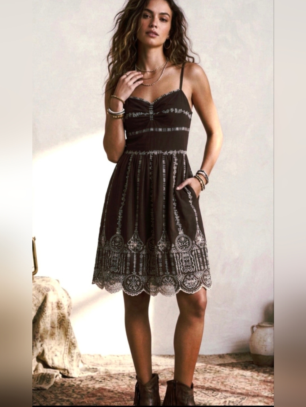 Sandra Darren Brown Embroidered Fit & Flare Dress Boho Sleeveless